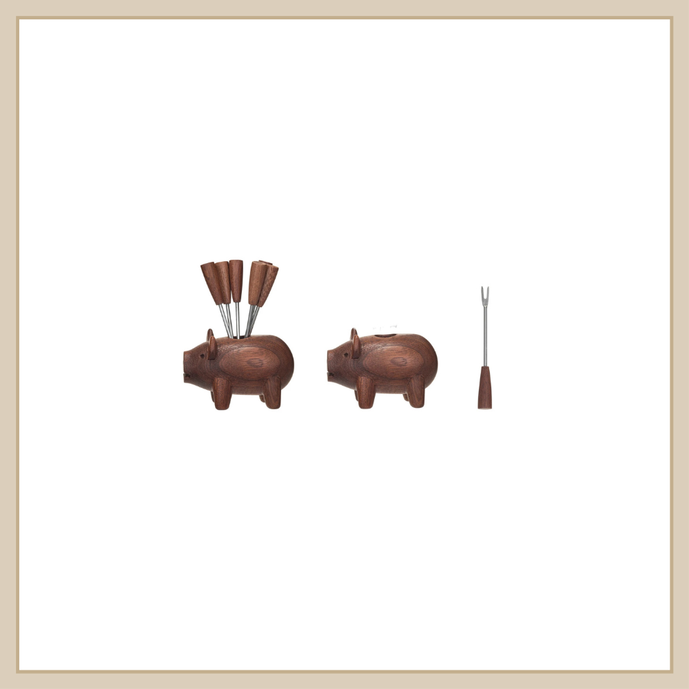 Wood Pig w 6 Appetizer Forks