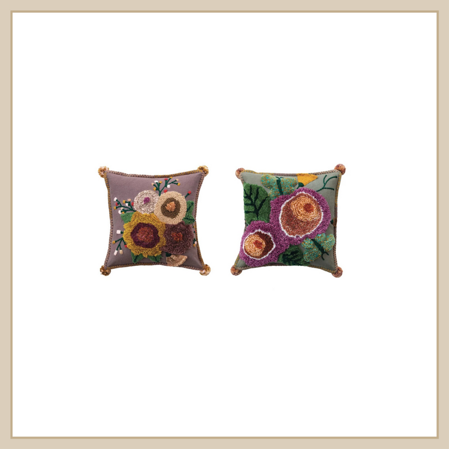 Cotton Tufted Pillow w Embroidery