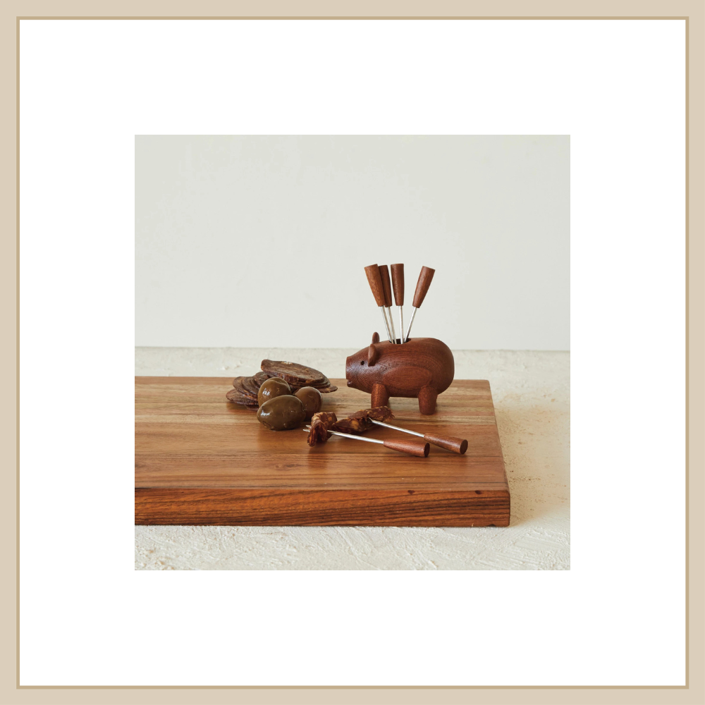 Wood Pig w 6 Appetizer Forks