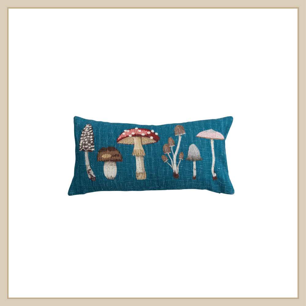 Cotton Printed Lumbar Pillow w Mushrooms