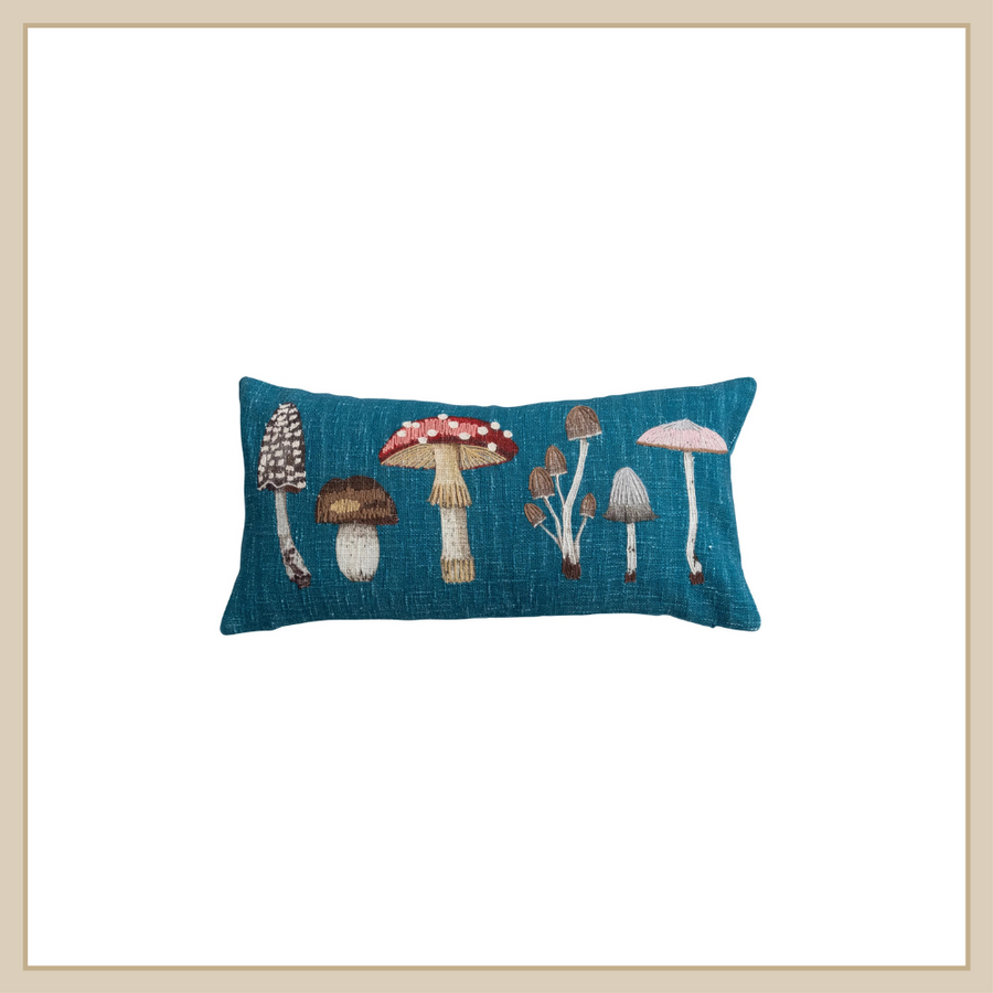 Cotton Printed Lumbar Pillow w Mushrooms