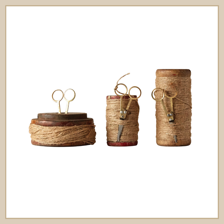 Wooden Spools with Jute and Scissors
