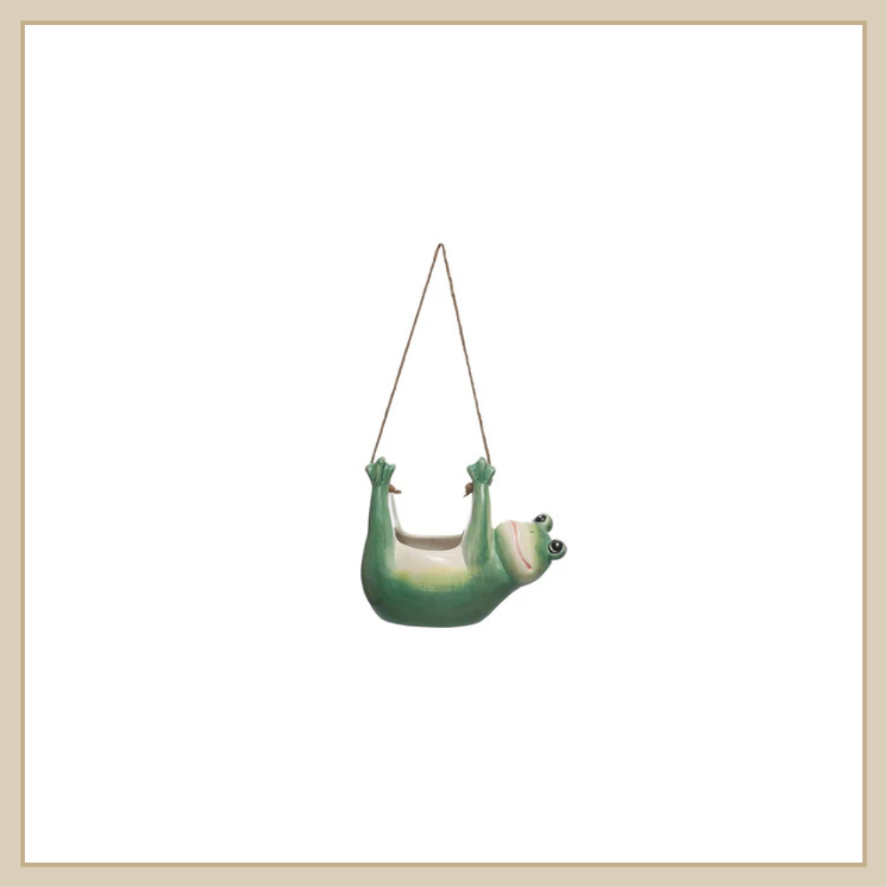 Hanging Ceramic Frog Planter w/ Jute Rope Hanger - Envy Paint & Design LTD