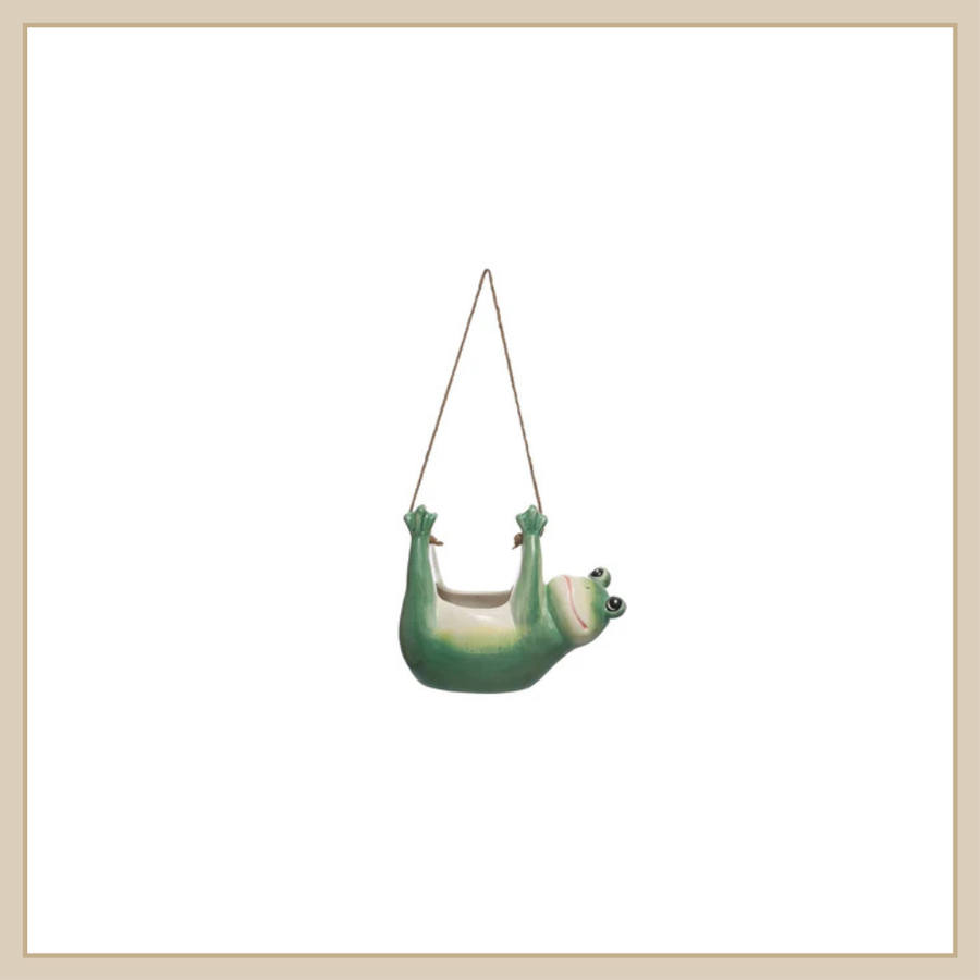Hanging Ceramic Frog Planter w/ Jute Rope Hanger - Envy Paint & Design LTD
